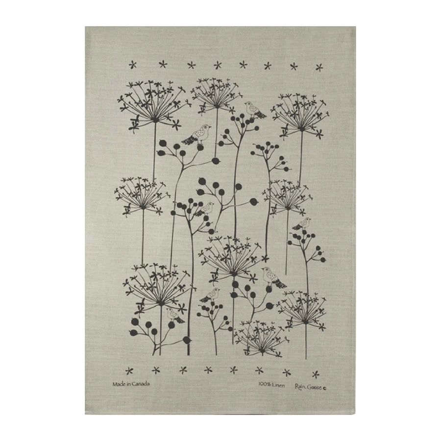 Tea Towel, Rain Goose, Linen, Berry Bird, Black on Oatmeal