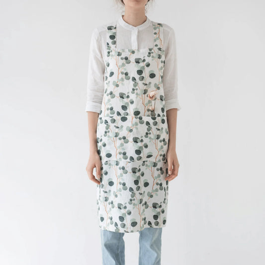 Apron, Linen Crossback,  Eucalyptus on White
