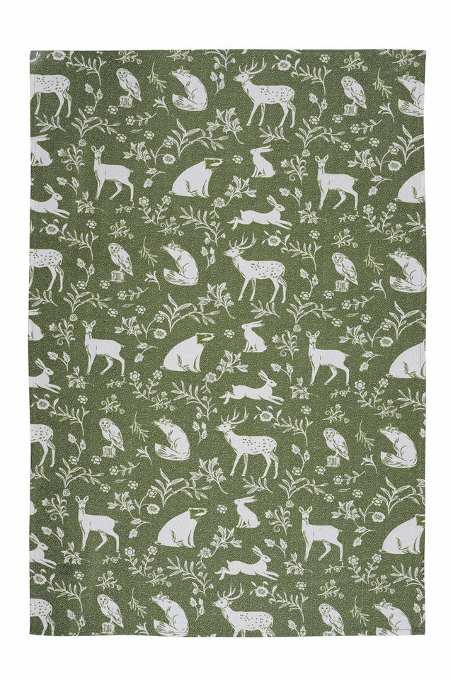 Tea Towel, Forest Friends White on Sage by Ulster Weavers