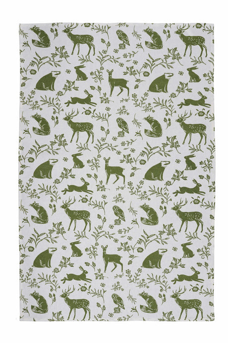Tea Towel, Forest Friends Sage on White by Ulster Weavers