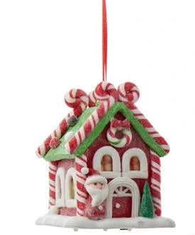 Ornament, Gingerbread House w/ Santa, LED