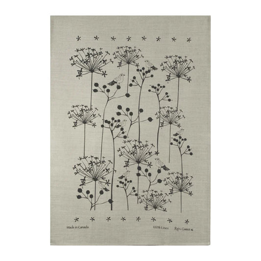 Tea Towel, Rain Goose, Linen,  Berry Bird, Black on Oatmeal