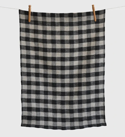 Tea Towel, Linen, Tuile, Black with Taupe checks