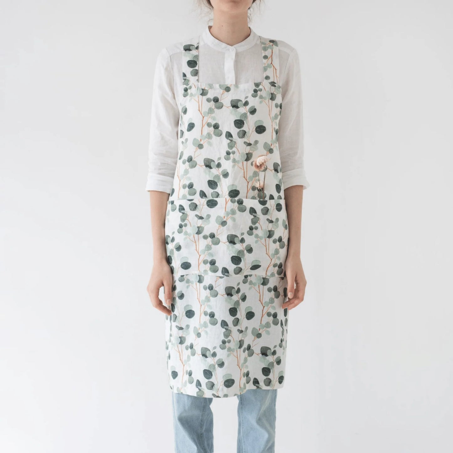 Apron, Linen Crossback,  Eucalyptus on White