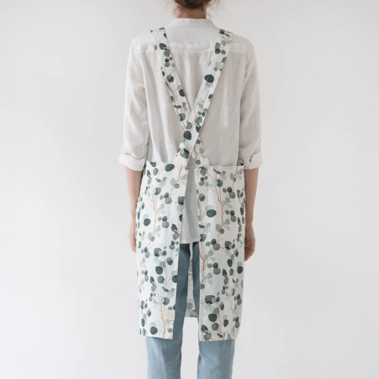 Apron, Linen Crossback,  Eucalyptus on White