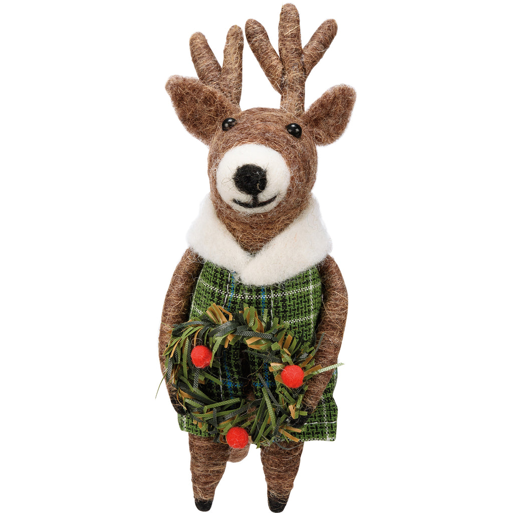 Deer Ornament,  Plaid Coat & Wreath