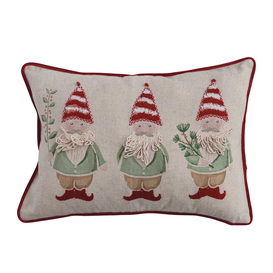Cushion,  Cotton & Linen Embroidered Gnomes