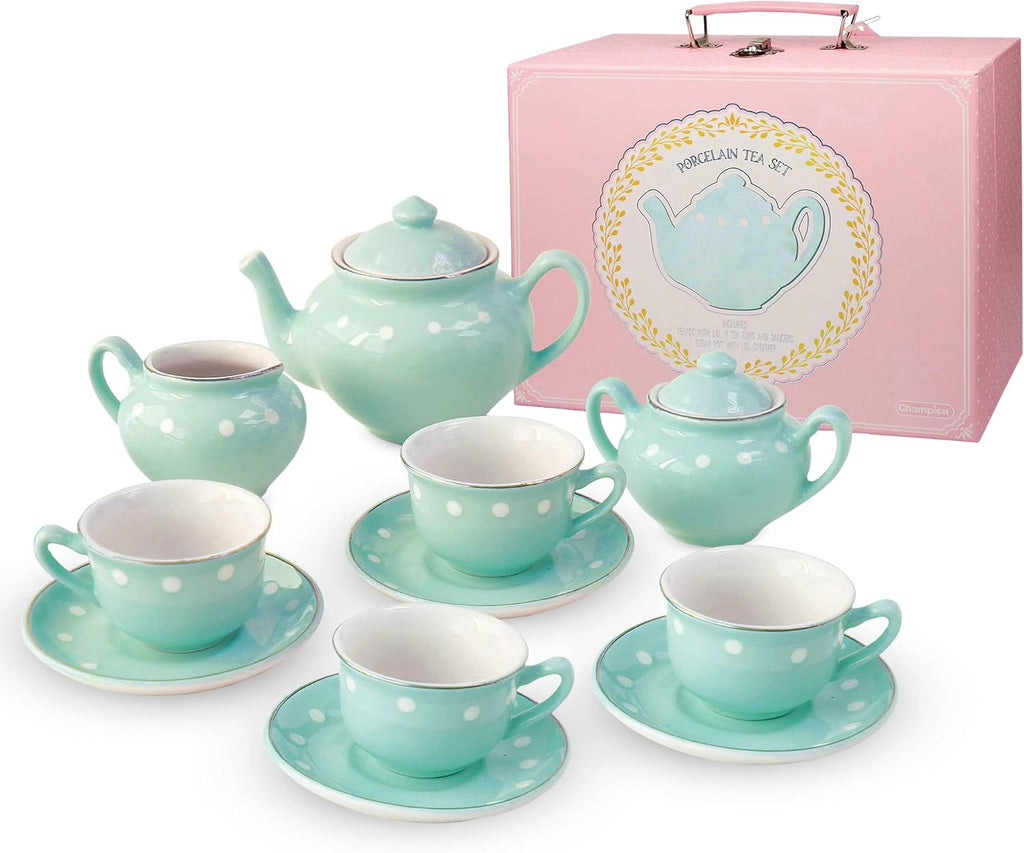 Childrens Tea Set, Porcelain Green Polka Dot