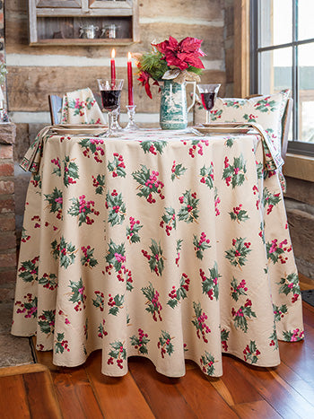 Tablecloth, April Cornell, Holly Berry Antique ROUND 88"