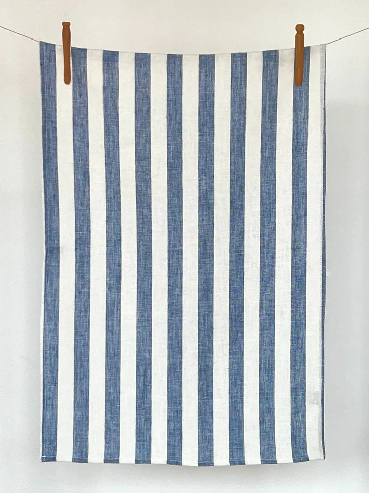 Tea Towel, Linen, Marquee White with Blue Stripe