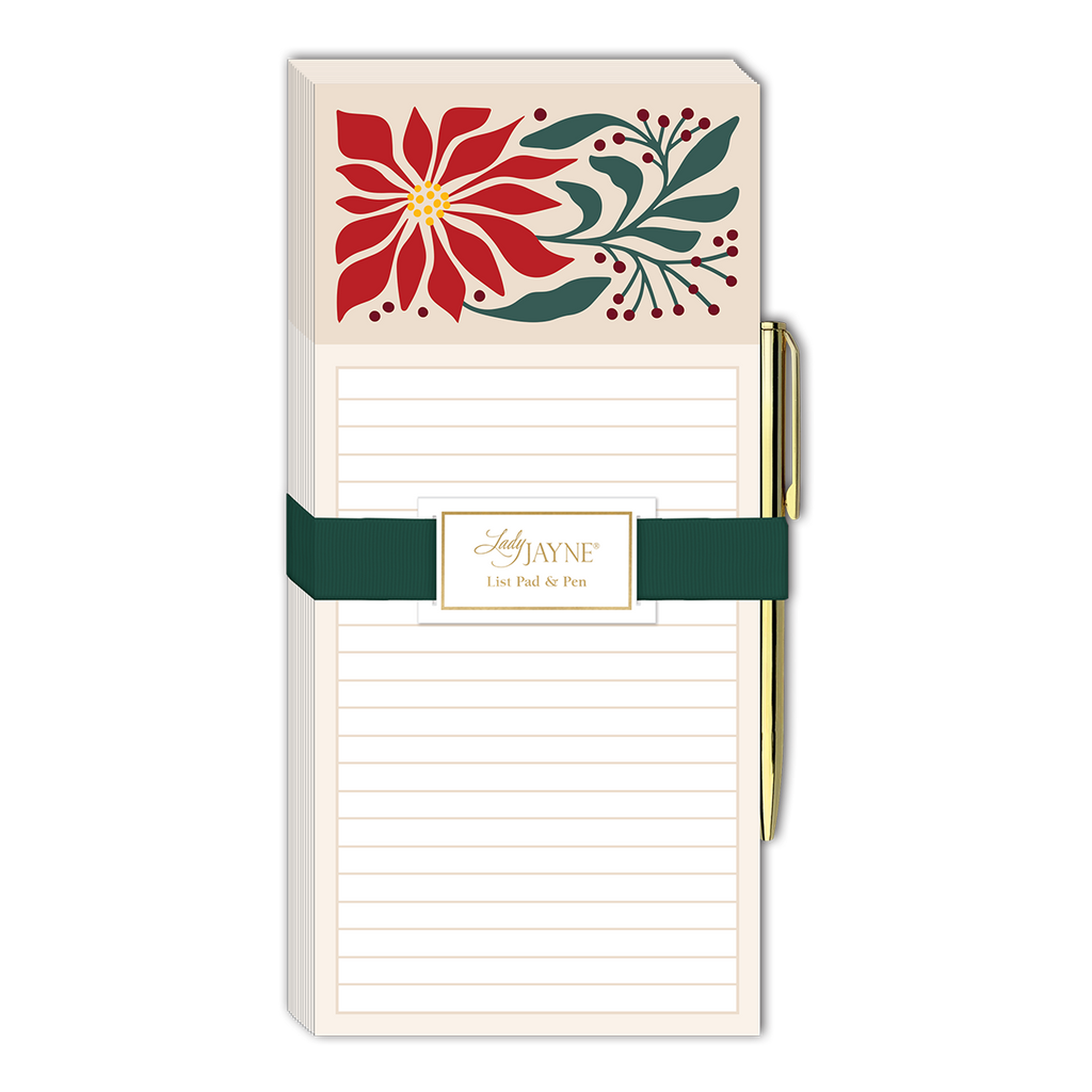 Note Pad Magnetic pad with & pen, Poinsettia & Holly Berries
