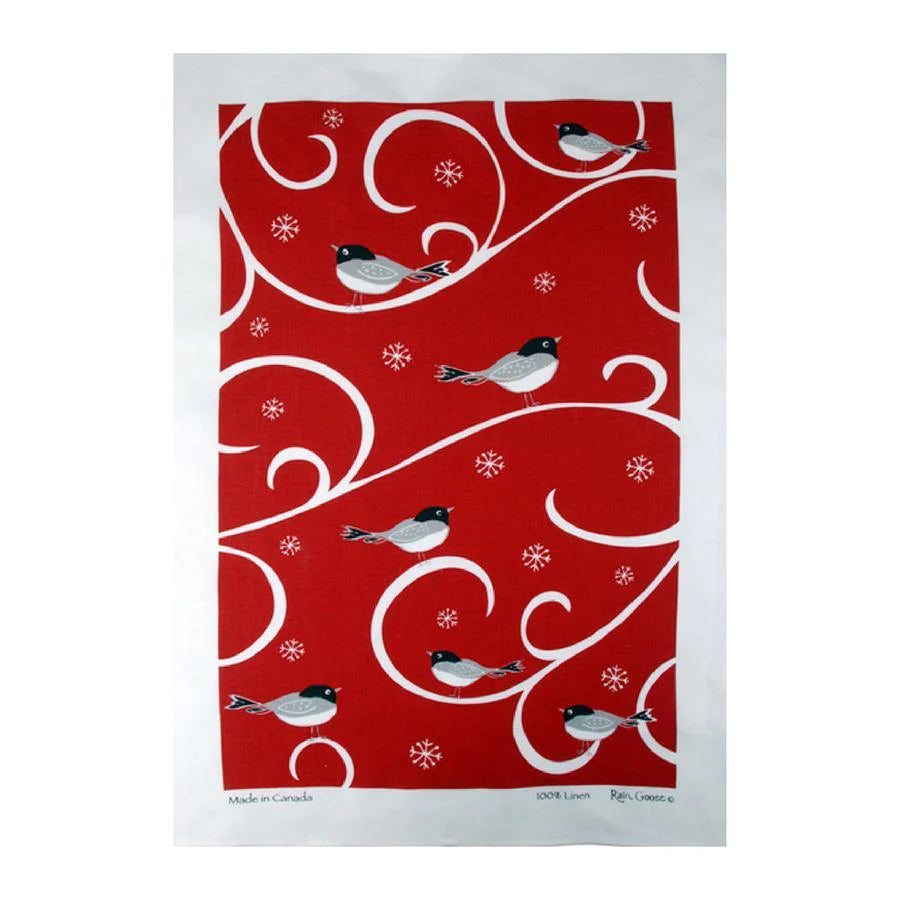 Tea Towel, Rain Goose, Linen,  Chickadee on Red