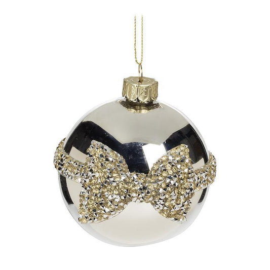 Ornament, Silver Glass Ball with Jewel Bow