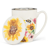 Mug;  Tea Mug with Infuser and Lid, Sunflowers and Bees
