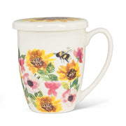 Mug;  Tea Mug with Infuser and Lid, Sunflowers and Bees