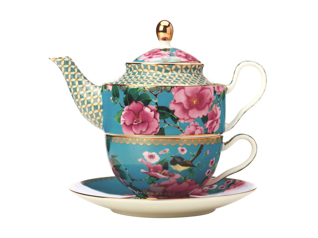 Classic Silk Road Aqua/Floral Tea For One with infuser