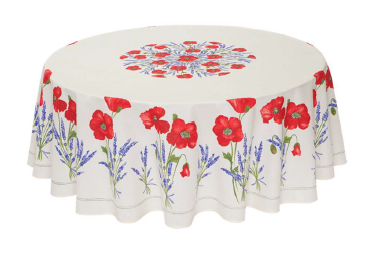 Tablecloth, Provence Poppy & Lavender on White,  Coated, Round