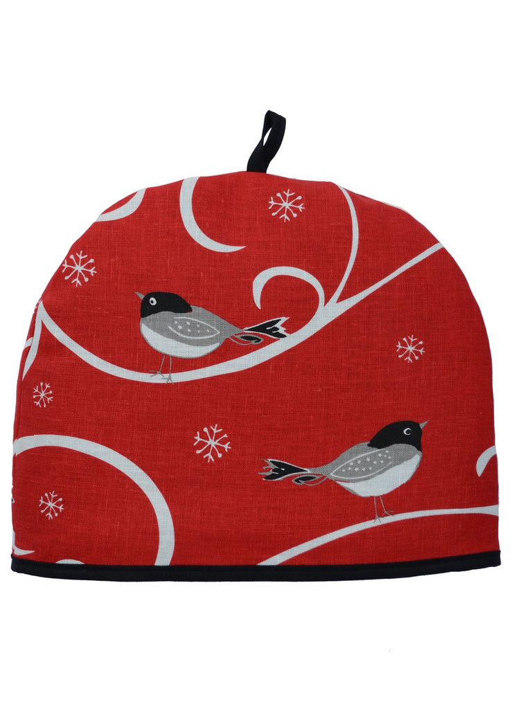 Tea Cosy,  Rain Goose, Linen, Chickadee on Red