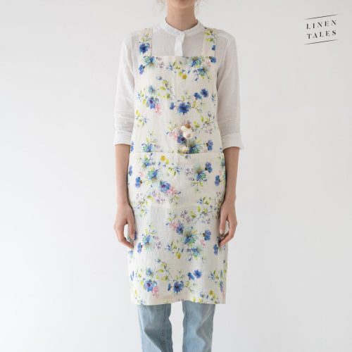 Apron, Linen Crossback,  White with Cornflowers