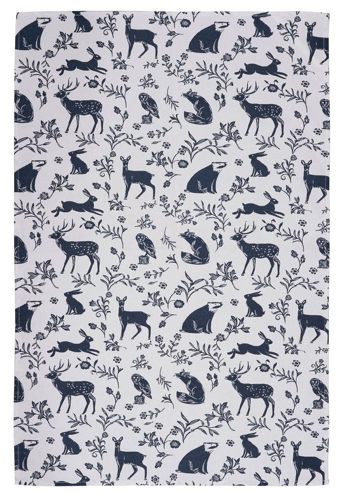 Tea Towel, Forest Friends Navy Print on White by Ulster Weavers