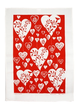 Tea Towel, Rain Goose, Linen, White Hearts on Red