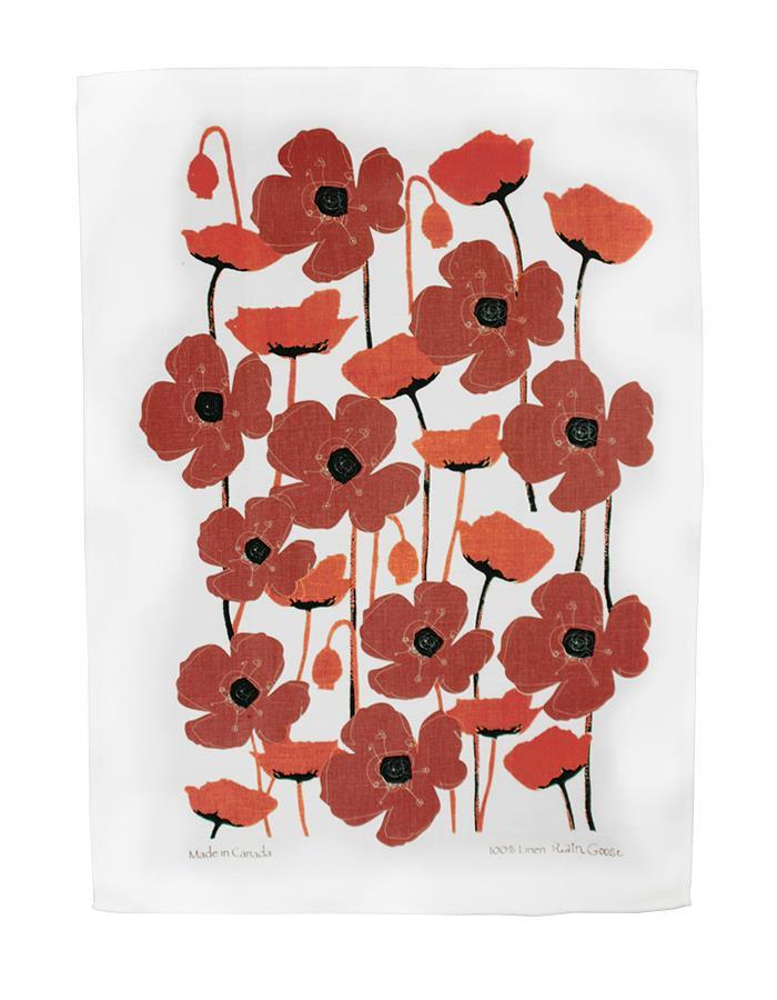 Tea Towel, Rain Goose, Linen, Poppies Red on White