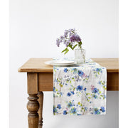 Table Runner, White with Cornflowers, Linen